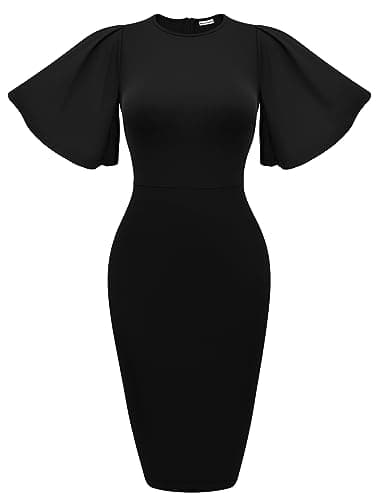 Memoriesea Women's Basic Bodycon Ruffle Flared Short Sleeve Pencil Midi Dress Black - Image 1