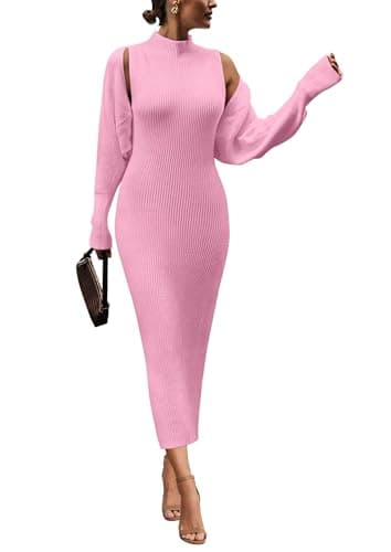 PRETTYGARDEN Women's Fall 2 Piece Outfits Knit Long Sleeve Cropped Cardigan Pullover Sweater Maxi Dress Sets Winter Clothing (Pink,X-Large) - Image 1