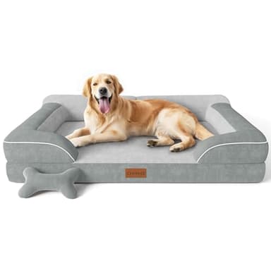 CWAWZ Extra Large Dog Bed, Orthopedic Dog Bed with Cooling Gel Memory Foam, Waterproof XL Pet Bed with Removable Washable Cover, 42" Pet Sofa Couch Dutch Velvet with Bone Toy, Light Gray - Image 1