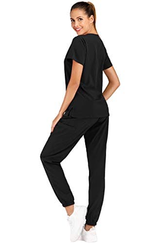 Minty Mint Women's Solid Stretch Medical Scrubs Sets V Neck Top Slim Jogger Pants Black PXS - Image 3