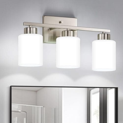 FonmYim Brushed Nickel Bathroom Light Fixtures, 3-Light Modern Vanity Light Over Mirror, Wall Sconces with Milky White Frosted Glass Shades, E26 Socket (Bulbs Not Included) - Image 1