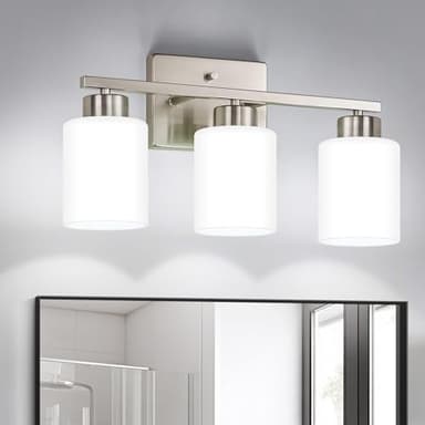 FonmYim Brushed Nickel Bathroom Light Fixtures, 3-Light Modern Vanity Light Over Mirror, Wall Sconces with Milky White Frosted Glass Shades, E26 Socket (Bulbs Not Included) - Image 1