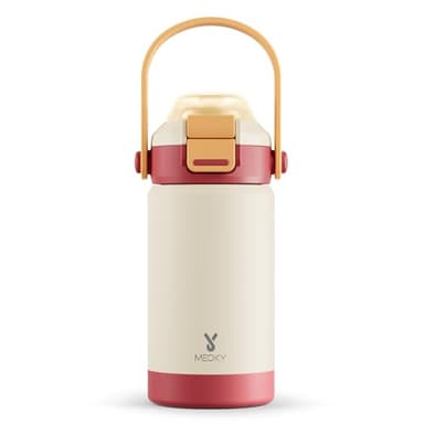 Meoky Insulated Water Bottle for Kids: 14 oz Kids Water Bottle with Straw and Spout Lid - 100% Leakproof Stainless Steel Water Bottle BPA-Free for Travel Home - Toddlers Girls Boys, Ivory - Image 1