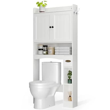 Ahomly Over The Toilet Storage Cabinet, 32.3" W Over Toilet Bathroom Organizer with Doors, Adjustable Shelves, Toilet Paper Holder, 2 Side Hooks, Space-Saver for Bathroom, Laundry, White - Image 9