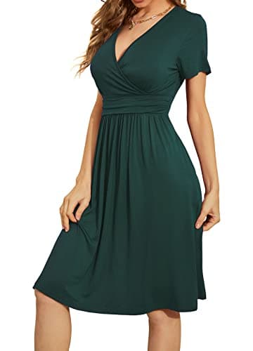 WEACZZY Casual Tshirt Dresses for Women V Neck Business Formal Teacher Dress Empire Waist Flowy A-Line Dresses,Dark Green,M - Image 2