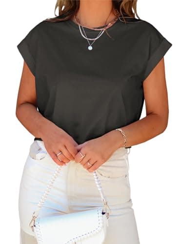 Tankaneo Womens Short Sleeve Cropped T-Shirts Summer Rolled Dolman Sleeve Crop Tops Casual Round Neck Solid Short Basic Tees - Image 2