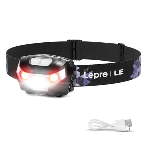 Lepro LED Headlamp Rechargeable - Super Bright Head Lamp with 5 Modes for Camping & Hiking Gear Essentials, IPX4 Waterproof Headlight Flashlight with Red Light, USB Cable Included - Image 1