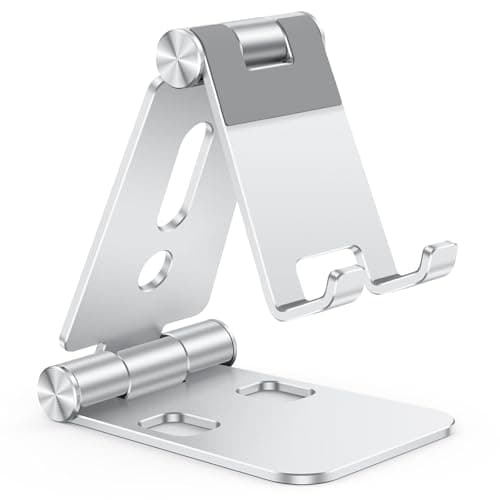 OMOTON Foldable Cell Phone Stand, C4 Portable Aluminum Phone Holder, Adjustable Phone Dock Cradle Compatible with iPhone 17/16/15 Pro Max Air, Samsung Galaxy, Small Tablets, All Smart Phones, Silver - Image 1