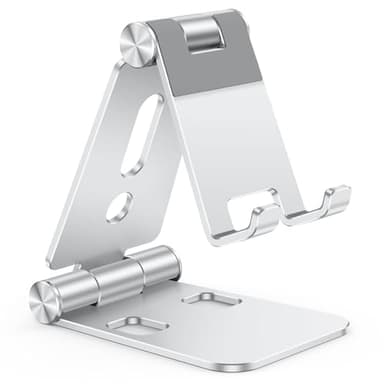 OMOTON Foldable Cell Phone Stand, C4 Portable Aluminum Phone Holder, Adjustable Phone Dock Cradle Compatible with iPhone 17/16/15 Pro Max Air, Samsung Galaxy, Small Tablets, All Smart Phones, Silver - Image 1