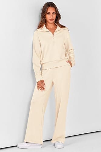 PRETTYGARDEN Women's 2 Piece Outfits Casual Lapel Half Zip Sweatshirts And Wide Leg Pants Tracksuit Sets (Beige,X-Small) - Image 2