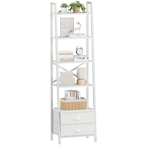 Furologee 5-Tier Ladder Shelf with 2 Drawers,Narrow Bookshelf Storage Shelves,Industrial Bookcase Freestanding Rack Units for Bedroom,Living Room,Bathroom,Home Office,Balcony,Wood Metal, White - Image 1