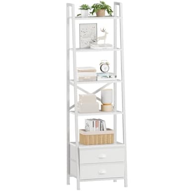 Furologee 5-Tier Ladder Shelf with 2 Drawers,Narrow Bookshelf Storage Shelves,Industrial Bookcase Freestanding Rack Units for Bedroom,Living Room,Bathroom,Home Office,Balcony,Wood Metal, White - Image 1