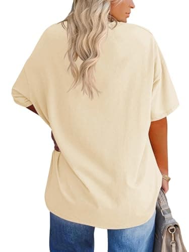 Fisoew Women's Plus Size V Neck T Shirts Summer Half Sleeve Tees Casual Loose Fit Cotton Tunic Tops Beige - Image 2