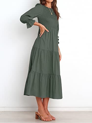 BTFBM Women Casual Long Sleeve Dress Fall Dresses 2025 Solid Color Relaxed Fit Smocked Tiered Flowy Boho Long Dresses(Solid Army Green,Large) - Image 5
