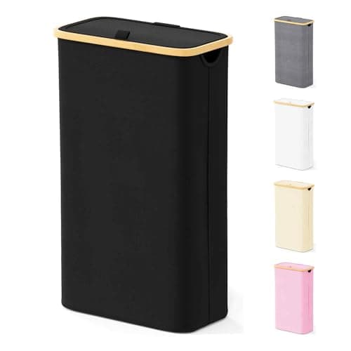 SpaceAid Slim Laundry Hamper with Lid, 65L Narrow Clothes Basket Bin with Bamboo Handles, Skinny Tall Collapsible Hamper for Bedroom, Bathroom, Dorm, Laundry Room - Black - Image 1