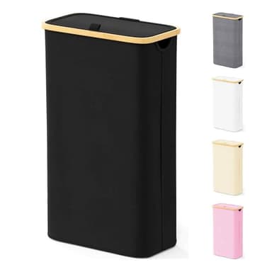 SpaceAid Slim Laundry Hamper with Lid, 65L Narrow Clothes Basket Bin with Bamboo Handles, Skinny Tall Collapsible Hamper for Bedroom, Bathroom, Dorm, Laundry Room - Black - Image 1