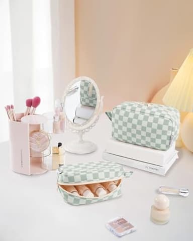 Narwey Checkered Makeup Bag Travel Cosmetic Bag Organizer Small Toiletry Bag Make Up Bags with Comparments for Women and Girls, Gift for Teen Girls (Mint Green Checkerboard, Large) - Image 7
