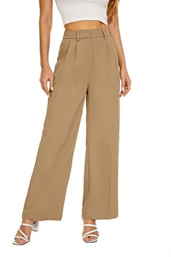 KICZOY Women's Wide Leg High Waist Pants Loose Fit Back Elastic Waist Pleated Front Trousers for Work Casual Khaki - Image 1