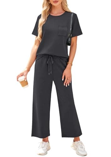 WIHOLL Workout Sets for Women 2 Piece Short Sleeve Summer Cruise Business Casual Outfits 2025 Going Out Two Piece Sets Women's Clothing Short Sleeve Crew Neck Tracksuits Dark Grey M - Image 2