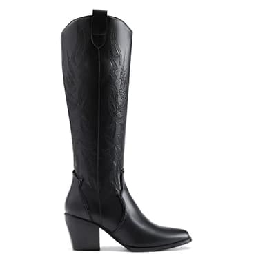 DREAM PAIRS Womens Cowboy Boots Wide Calf Comfortable Pull On Zipper Chunky Heel Pointed Toe Embroidered Western Cowgirl Knee High Boots Girls Ladies Retro Tall Boot,Size 9,Black,SDKB224W-W - Image 2