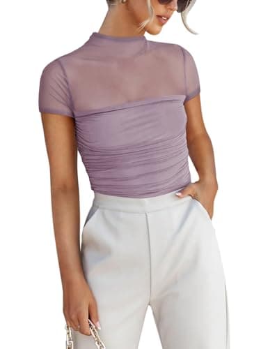REORIA Sexy Bodysuits for Women Classic Mock Turtle Neck Short Sleeve Slim Fit Shirts Sheer Mesh Ruched Trendy Going Out Tops Cute Office Bodysuits Hazy Lilac Large - Image 1