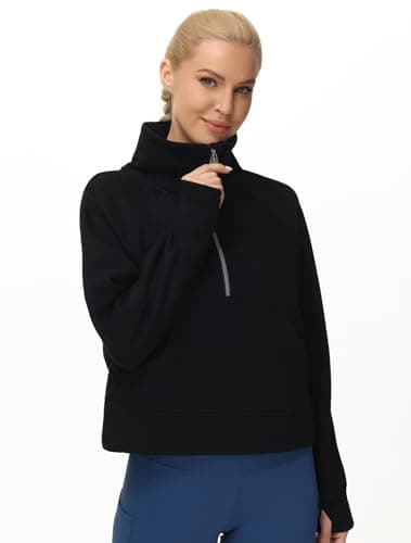 Women's Half Zip Pullover Sweatshirt Fleece Stand Collar Crop Sweatshirt with Pockets Thumb Hole Black - Image 7