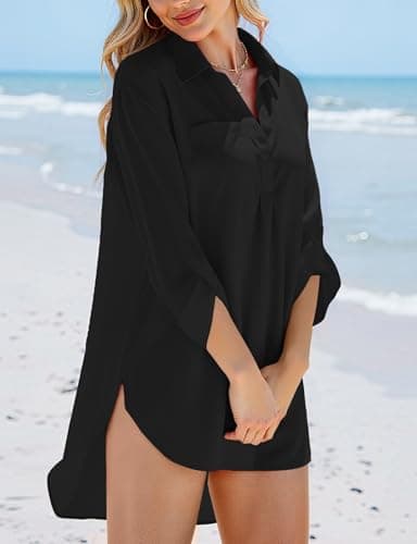 Swimsuit Coverups for Women, V Neck Bathing Suits Cover Ups for Women, 3/4 Sleeve Bikini Cover Up Beach Dress (XL, Black) - Image 2