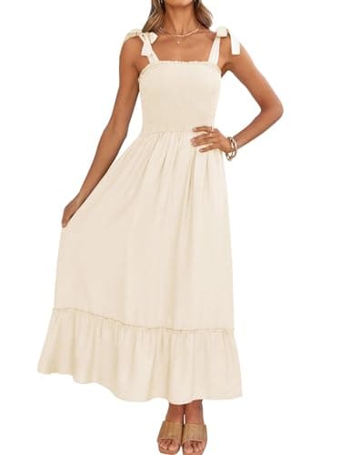 ZESICA Women's 2024 Summer Boho Spaghetti Strap Square Neck Solid Color Ruffle A Line Beach Long Maxi Dress,Apricot,Medium - Image 1