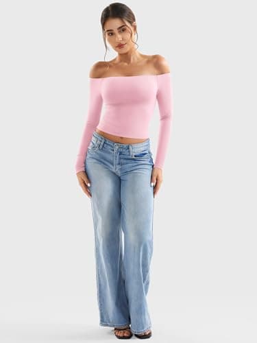 YEOREO Sophie Women Off Shoulder Long Sleeve Shirts Double Lined Basic Undershirt Y2K Going Out Tops Cherry Pink-XL - Image 5