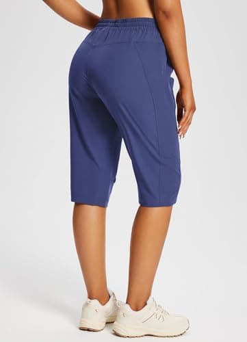 baleaf Women's 15" Long Shorts Below The Knee Capri Hiking Cargo Shorts Lightweight Quick Dry Elastic Waist for Casual Estate Blue L - Image 2