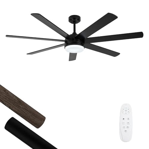 Viossn 62 Inch Outdoor Ceiling Fan with Lights, 7 Reversible Blades, Dimmable, Black with 6" & 12" Downrods for Bedroom, Living Room, Patio - Image 1