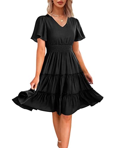 Zattcas Women 2025 Sping Summer Dress Short Sleeve V Neck Smocked Casual Flowy A Line Tiered Modest Teacher Work Graduation Wedding Guest Midi Dress Black M - Image 1