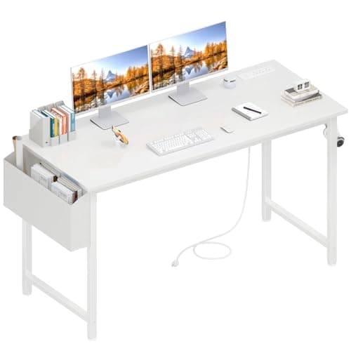 Lufeiya White Computer Desk with Power Outlet, 47 inch Teen Study Table Home Office Work Writing Gaming Desks with Charging Station Outlets Built in, White - Image 1