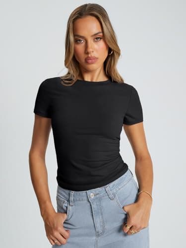 Trendy Queen Womens Basic T Shirts Summer Tops 2025 Crop Short Sleeve Slim Fit Tee Cute Gym Workout Clothes Black L - Image 2