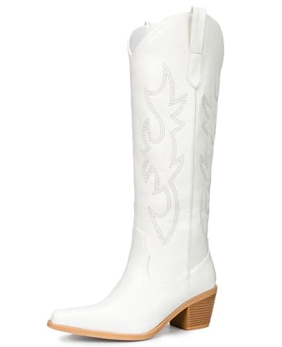 Pasuot Western Cowboy Boots for Women - Knee High Wide Calf Cowgirl Boots with Embroidery, Slip On Pointed Toe Chunky Heel Fashion Retro Classic Pull On Tall Boot for ladies Party concert White US 7 - Image 1