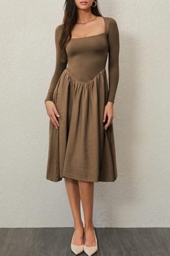 CHYRII Womens Spring Fashion 2025 Square Neck Long Sleeve Casual A-Line Midi Dress Brown XL - Image 5