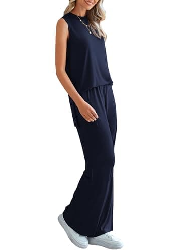 PRETTYGARDEN Women's 2 Piece Lounge Set 2025 Summer Casual Loose Tank Top Wide Leg Pants Matching Travel Outfits Tracksuit (Navy,X-Large) - Image 4