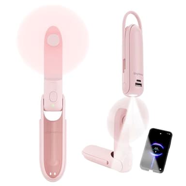 Digibond Pink Handheld Fan, Portable Fan Bullet Shape 3000mAh USB Rechargeable Battery Operate 6 IN 1 Personal Fan Foldable Lightweight Travel Essential with Power Bank/Lanyard 3 Speed - Image 1