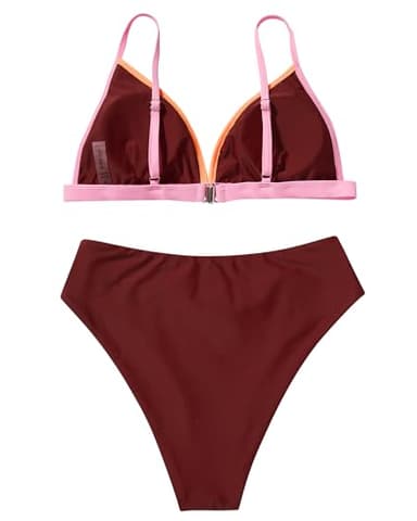 SUUKSESS Women Triangle High Cut Bikini Sets Sexy High Waisted Color Block Two Piece Swimsuits Push Up Bathing Suits(Brown Color Block,S) - Image 3