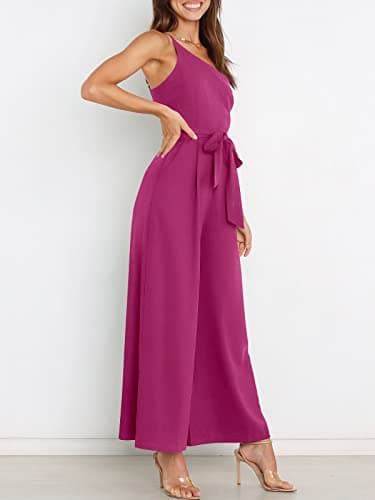 ANRABESS Women Summer Dressy Jumpsuits One Shoulder Sleeveless Casual Wide Leg Pants Romper Jumper 2025 Trendy Fall Outfits Deep Rose Small - Image 2