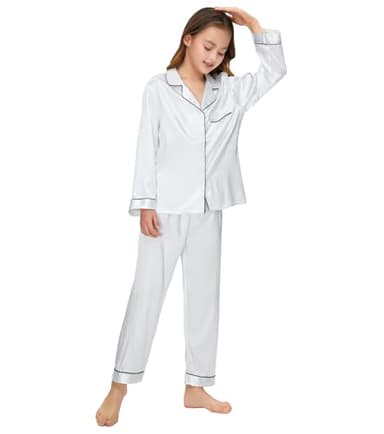 ALHAVONE Kids Girl Pajama Set with Headband Blindfold Hair Tie Toddler Boy Girl Satin Silky Button-up Pajama Sleepwear (White-long, 160) - Image 2