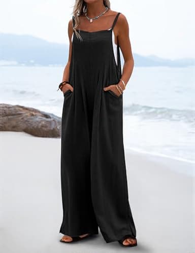 YESNO Women's Summer Boho Casual Jumpsuits Wide Leg Overalls Floral Print Baggy Rompers with Pocket S PZZCR Solid Black - Image 2