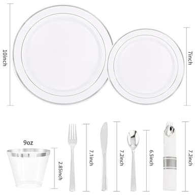 DaYammi 350PCS Silver Plastic Dinnerware Set for 50 Guests, Fancy Disposable Plates for Party, Include: 50 Dinner Plates, 50 Dessert Plates, 50 Pre Rolled Napkins with Silver Silverware, 50 Cups - Image 9