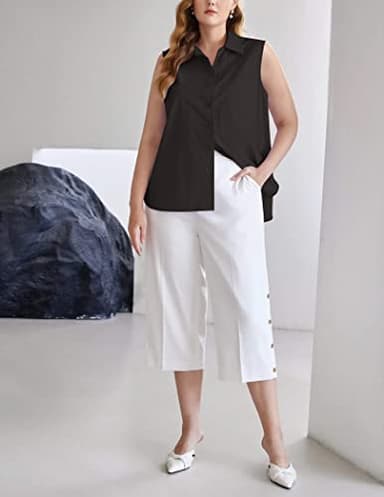 Zeagoo Women's Black Button Down V Neck Tank Tops Loose Casual Office Sleeveless Shirts Blouses - Image 6