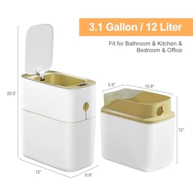 MOPALL Automatic Bathroom Trash Can with Lid, 3.1 Gallon / 13L Smart Motion Sensor Touchless Small Waste Basket, Slim Plastic Garbage Can for Bedroom Kitchen Office Home Toilet, White & Gold - Image 8