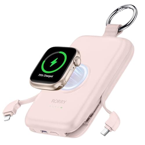 RORRY Portable Charger, 10000mAh PD 20W Fast Charging Portable Charger Power Bank with Built in Cables, Travel Battery Pack for iPhone 16/15/14/13/12 and Apple Watch Ultra/9/8/7/6/5/4/3/2, Pink - Image 1
