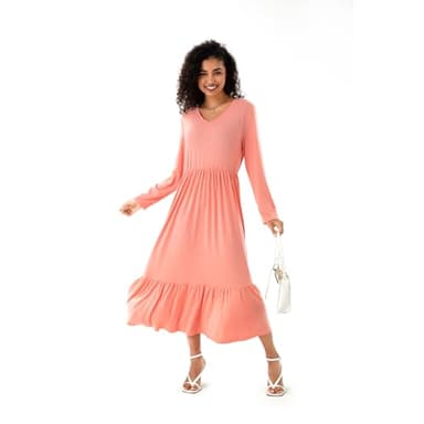 Women's Spring Solid V-Neck Long Sleeve Dress Loose Pleated Hem Fluttering Swing Midi Long Dresses with Pockets Orange Pink - Image 6