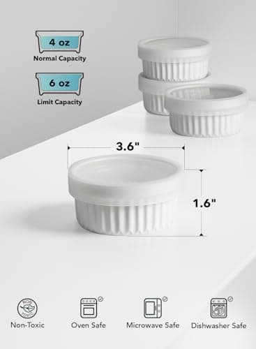 LE TAUCI Ramekins with Silicone Lids, 4 OZ Ceramic Soufflé Dishes, Ramekin Bowls for Crème Brûlée, Dessert, Dips, Oven & Microwave Safe, Set of 4, White - Image 6