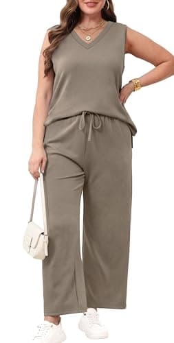 XIEERDUO Two Piece Sets for Women Summer Lounge Matching Sets Travel Vacation Cruise Outfits V Neck Tops Wide Leg Pants Sets 2025 Brown S - Image 4