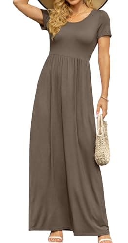DB MOON Womens 2025 Casual Summer Maxi Dresses Short Sleeve Empire Waist Spring Long Dress with Pockets(Brown, L) - Image 4